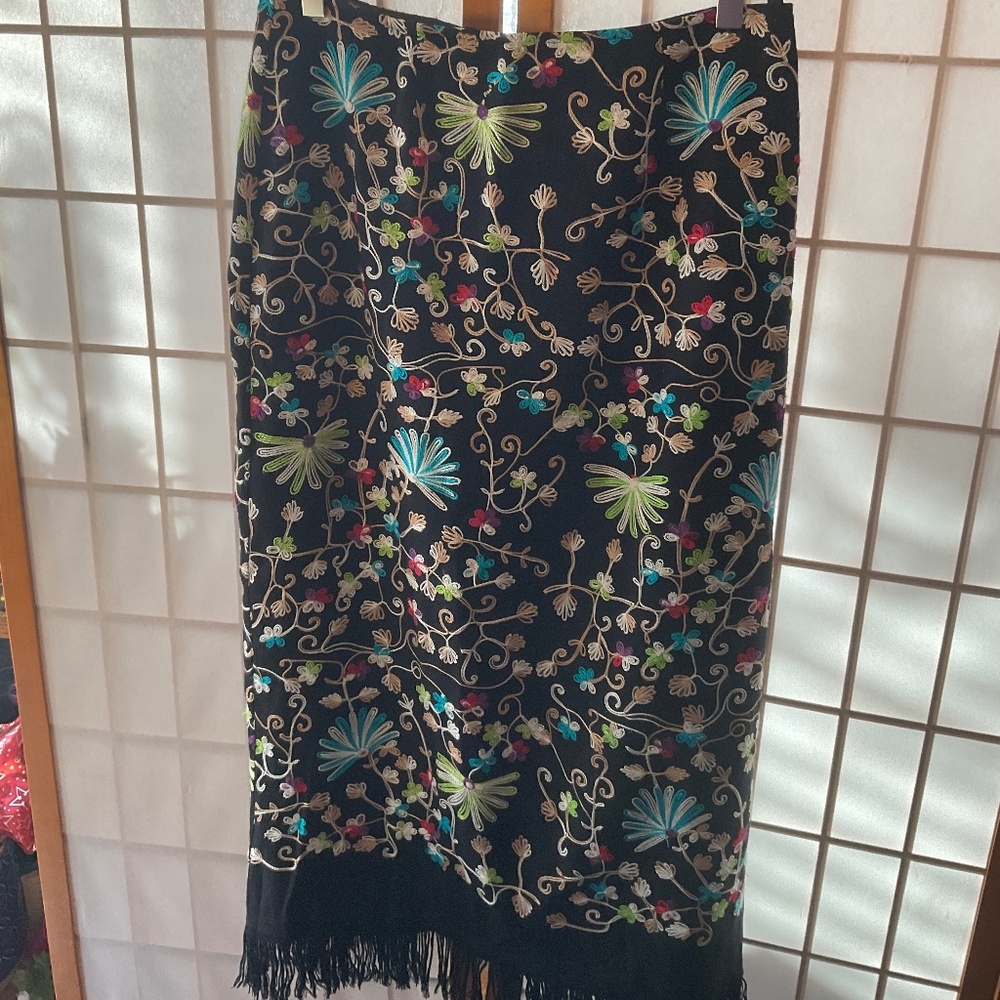 Colorful Bohemian embroidered floral skirt with fringe
